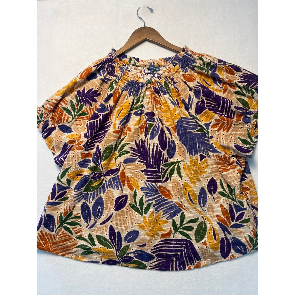 Democracy 3X Blouse Tropical Eyelet Cotton Boho Cruise Beach Vacation Coastal